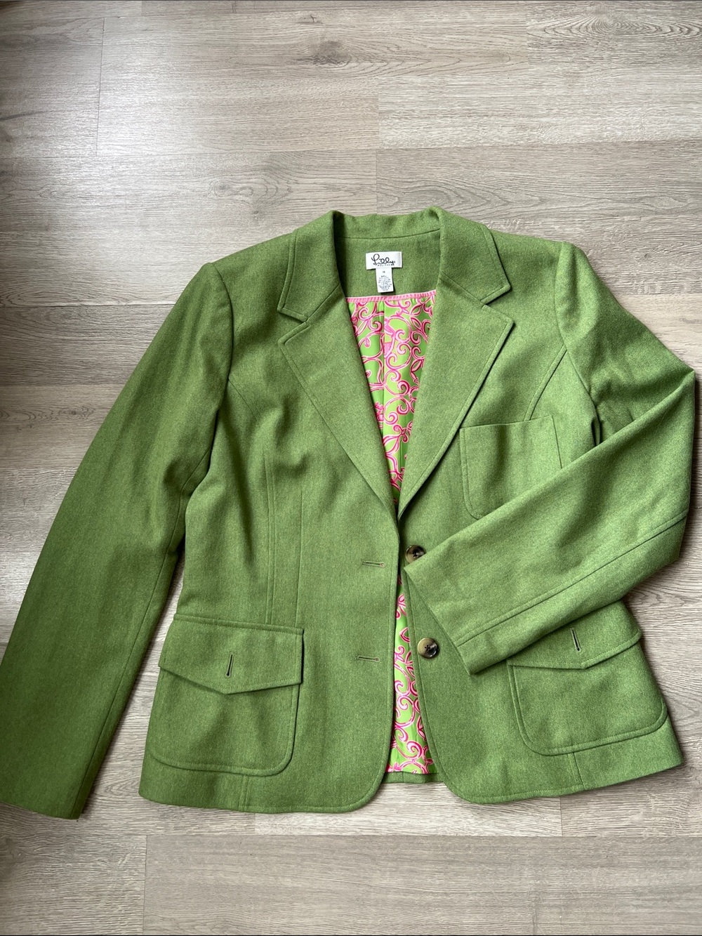 Lilly Pulitzer Olive Green Blazer Pink Printed Lining Tailored Utility Jacket
